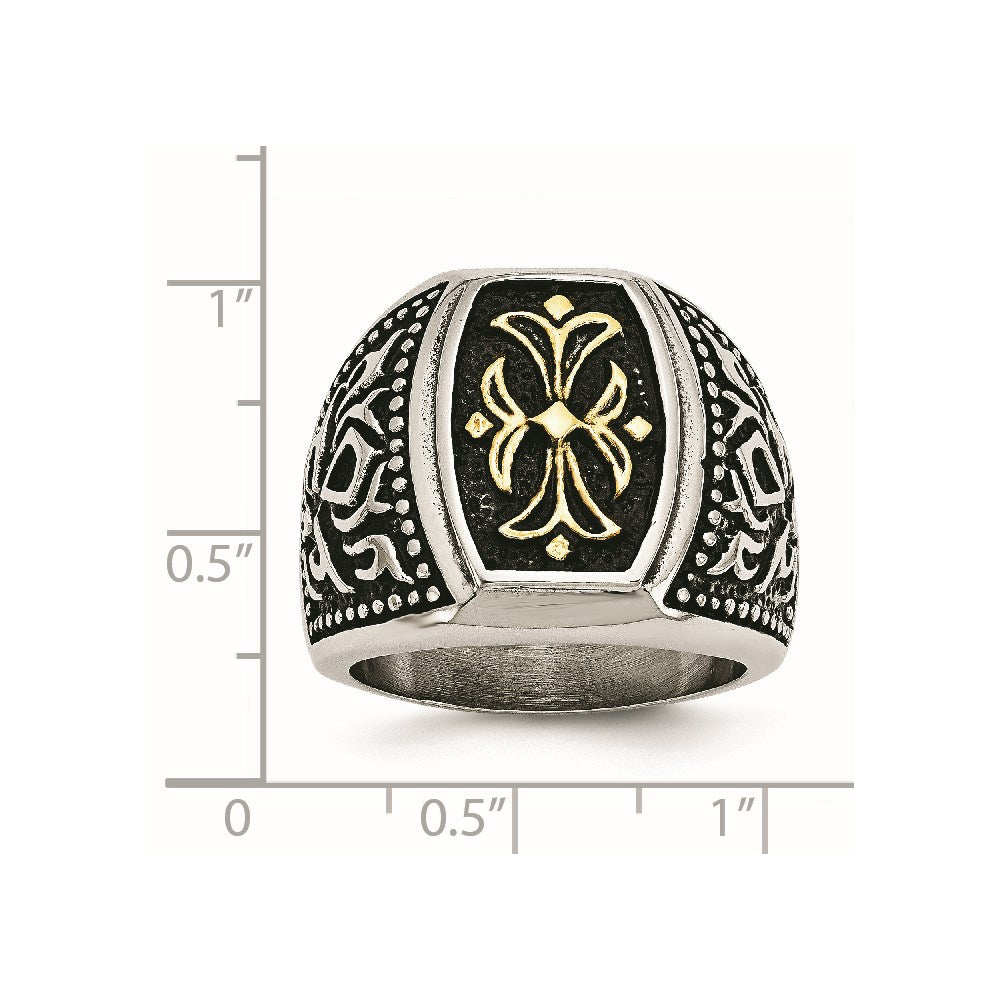 Stainless Steel Antiqued Polished & Textured Yellow Ip Plated Cross Ring
