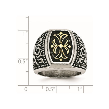 Stainless Steel Antiqued Polished & Textured Yellow Ip Plated Cross Ring