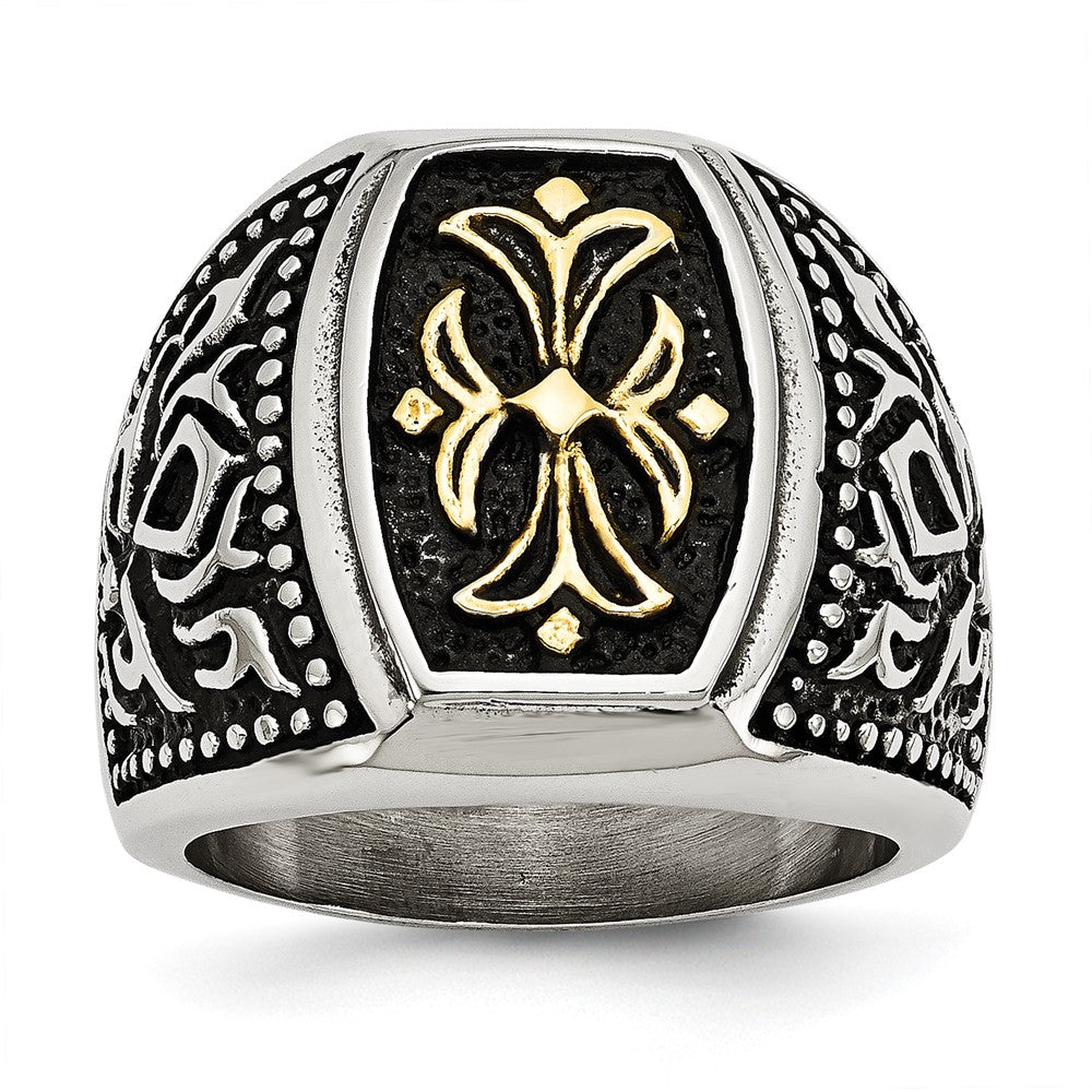Stainless Steel Antiqued Polished & Textured Yellow Ip Plated Cross Ring
