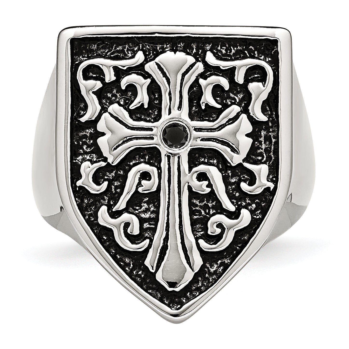 Stainless Steel Cross Black Diamond Antiqued Shield Ring (Size 9 Only)