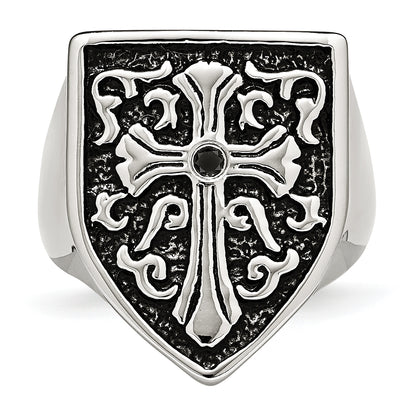 Stainless Steel Cross Black Diamond Antiqued Shield Ring (Size 9 Only)