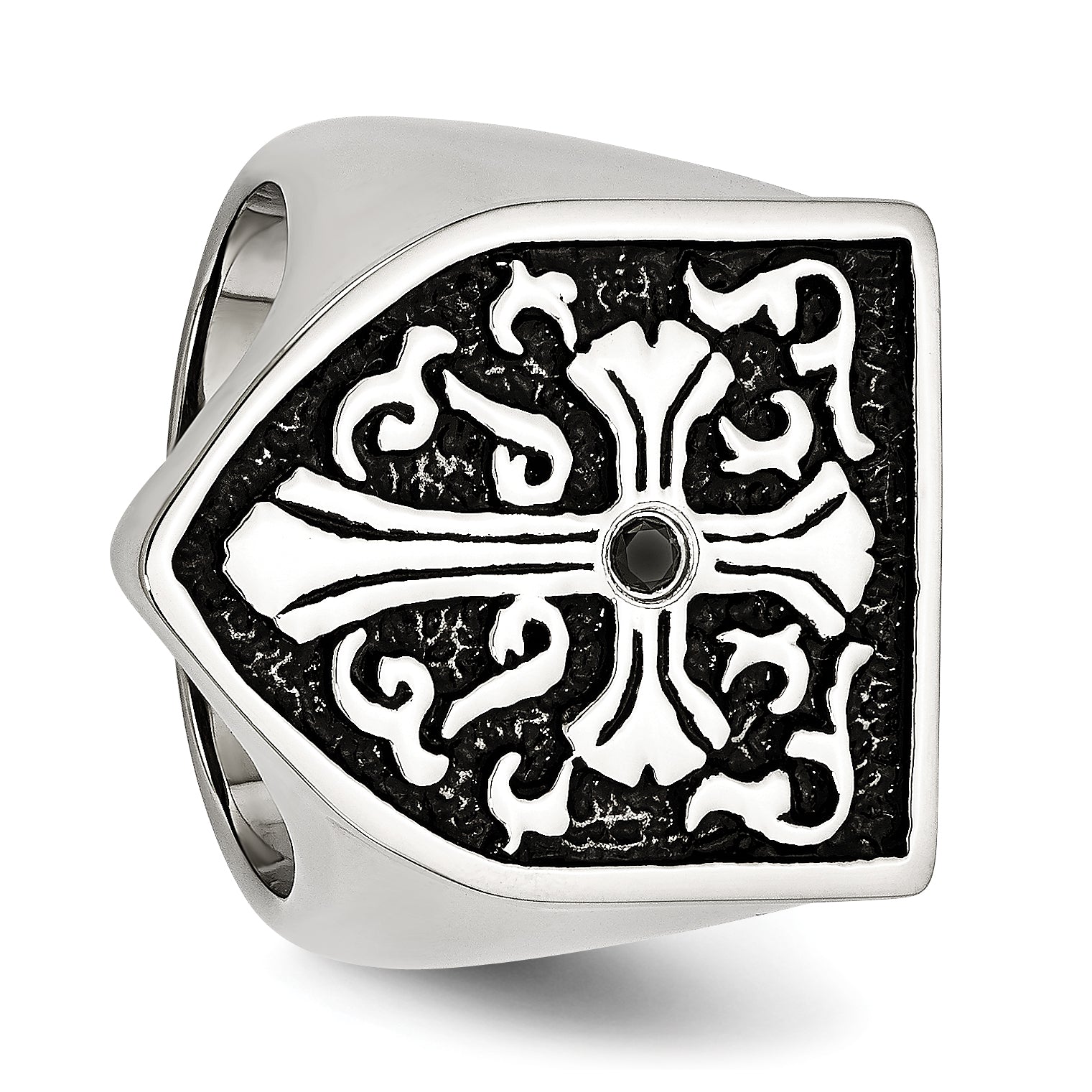 Stainless Steel Cross Black Diamond Antiqued Shield Ring (Size 9 Only)