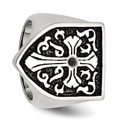 Stainless Steel Cross Black Diamond Antiqued Shield Ring (Size 9 Only)