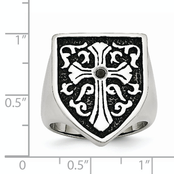 Stainless Steel Cross Black Diamond Antiqued Shield Ring (Size 9 Only)