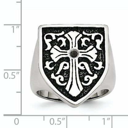 Stainless Steel Cross Black Diamond Antiqued Shield Ring (Size 9 Only)