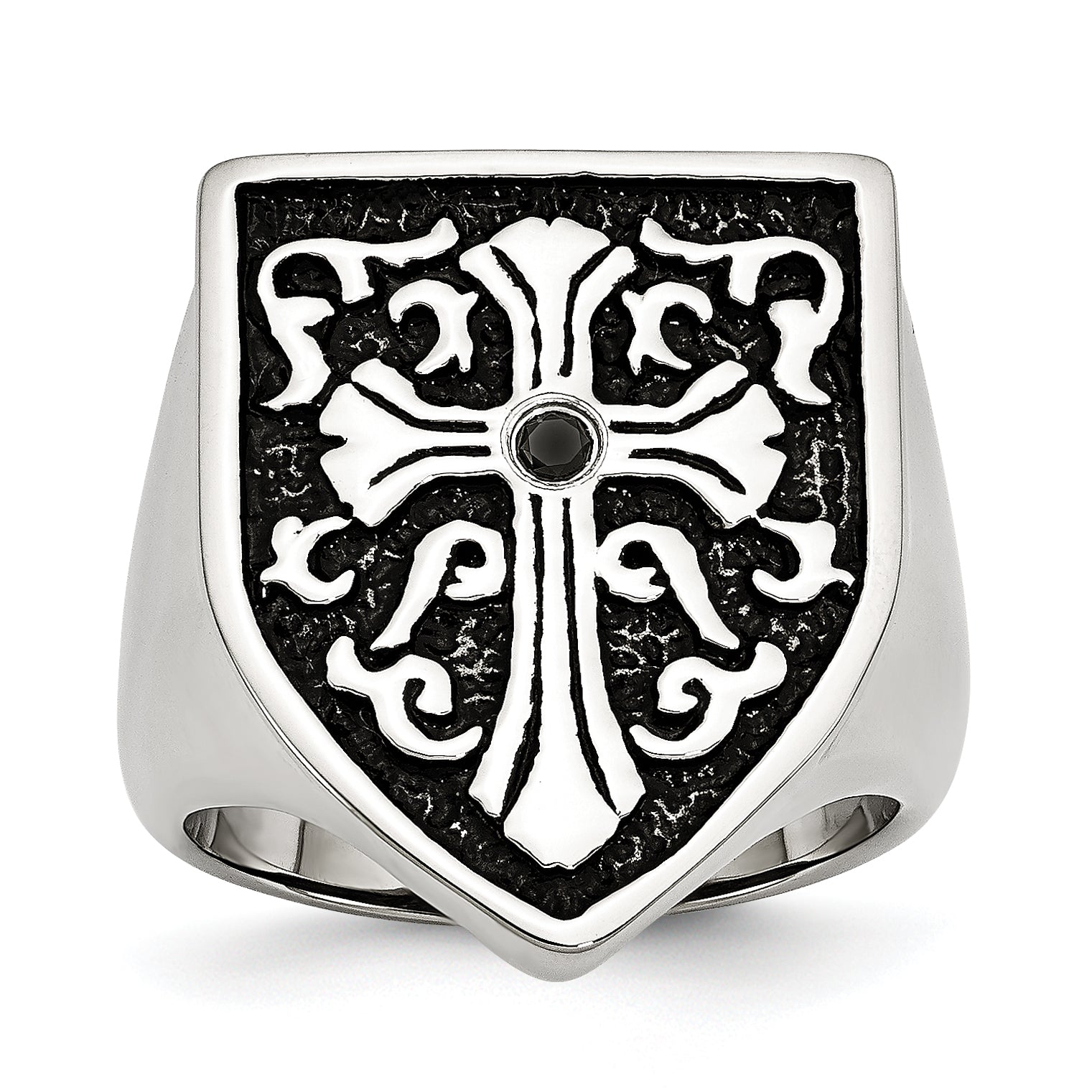 Stainless Steel Cross Black Diamond Antiqued Shield Ring (Size 9 Only)