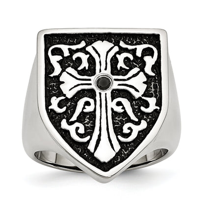 Stainless Steel Cross Black Diamond Antiqued Shield Ring (Size 9 Only)
