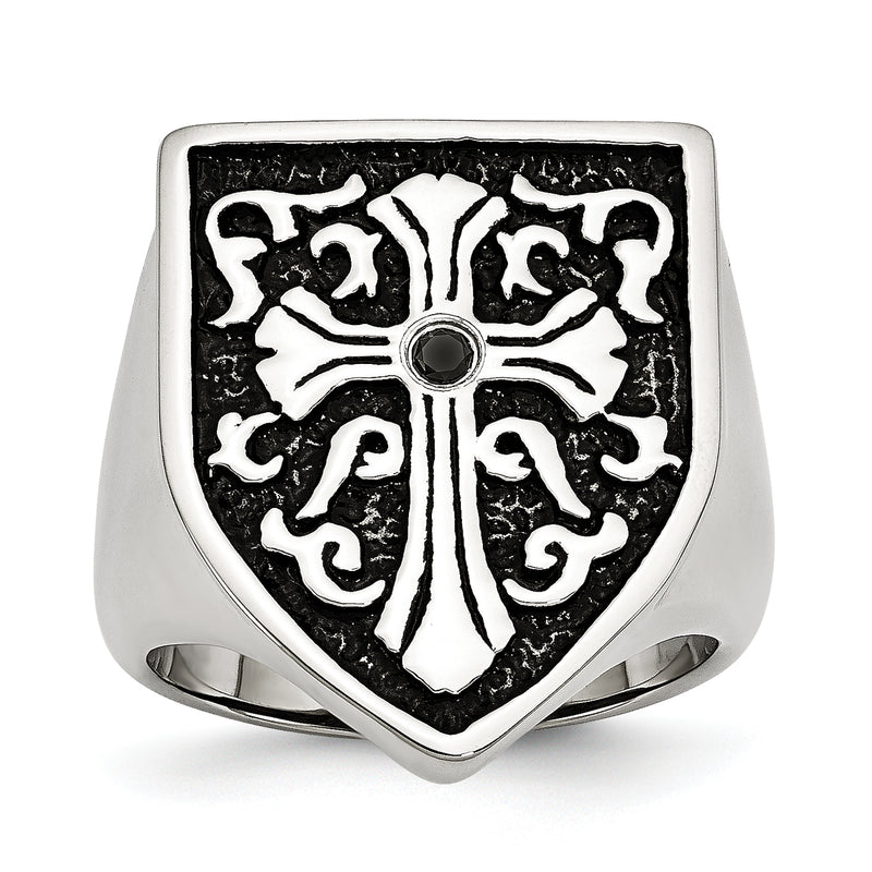 Stainless Steel Cross Black Diamond Antiqued Shield Ring (Size 9 Only)