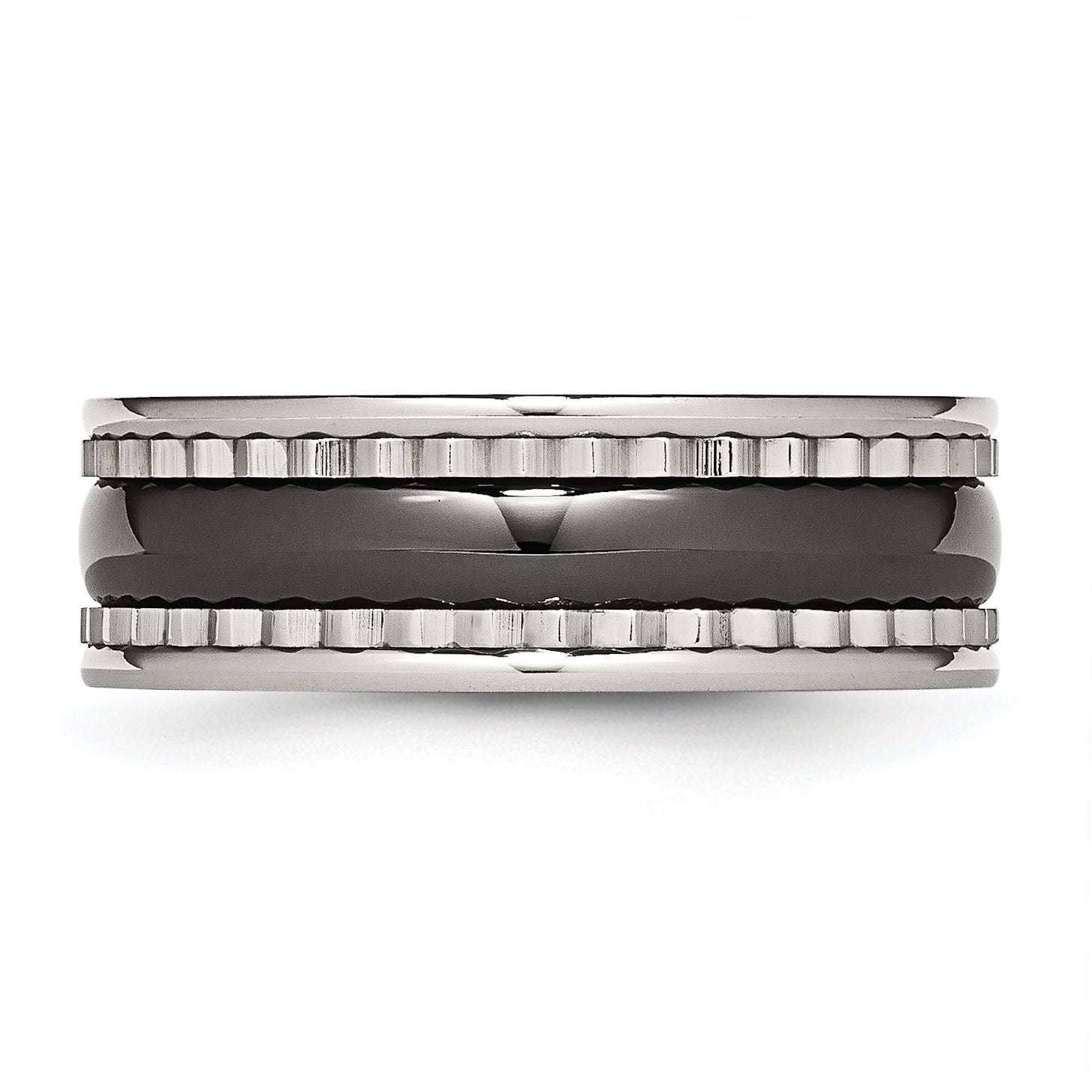 Stainless Steel With Sawtooth Accent & Black Ceramic Center Band