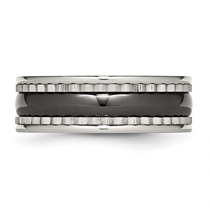 Stainless Steel With Sawtooth Accent & Black Ceramic Center Band