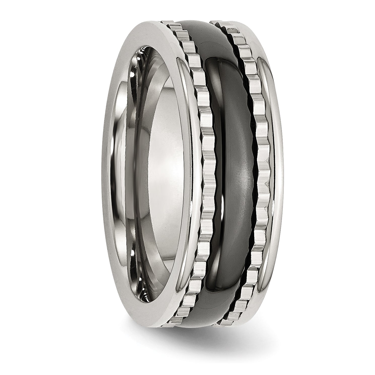 Stainless Steel With Sawtooth Accent & Black Ceramic Center Band