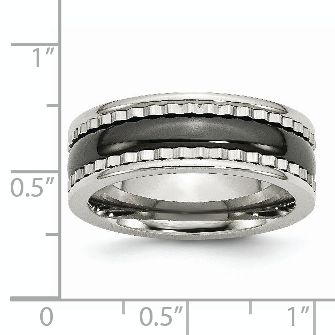Stainless Steel With Sawtooth Accent & Black Ceramic Center Band