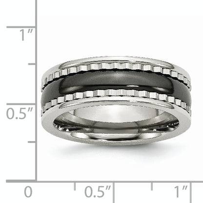 Stainless Steel With Sawtooth Accent & Black Ceramic Center Band
