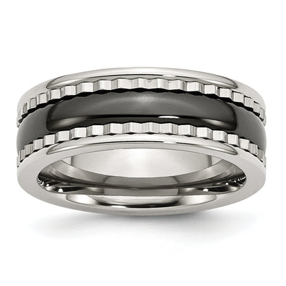 Stainless Steel With Sawtooth Accent & Black Ceramic Center Band