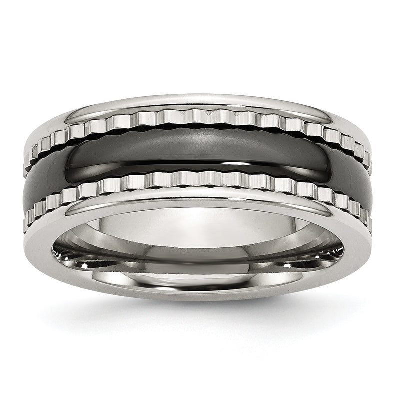 Stainless Steel With Sawtooth Accent & Black Ceramic Center Band