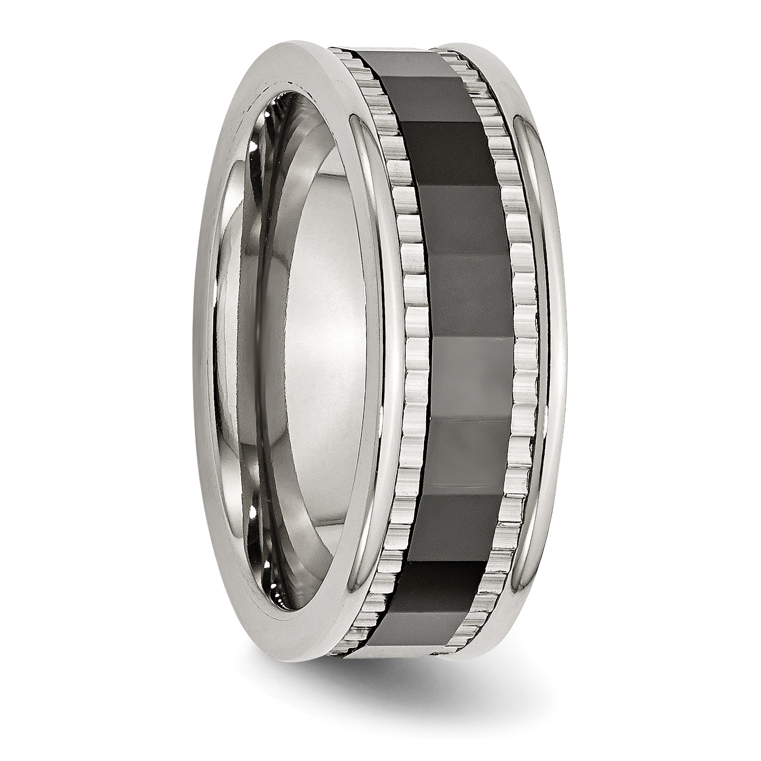 Stainless Steel Sawtooth Accent/Black Ceramic Center Faceted Band