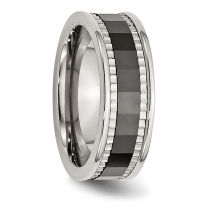 Stainless Steel Sawtooth Accent/Black Ceramic Center Faceted Band