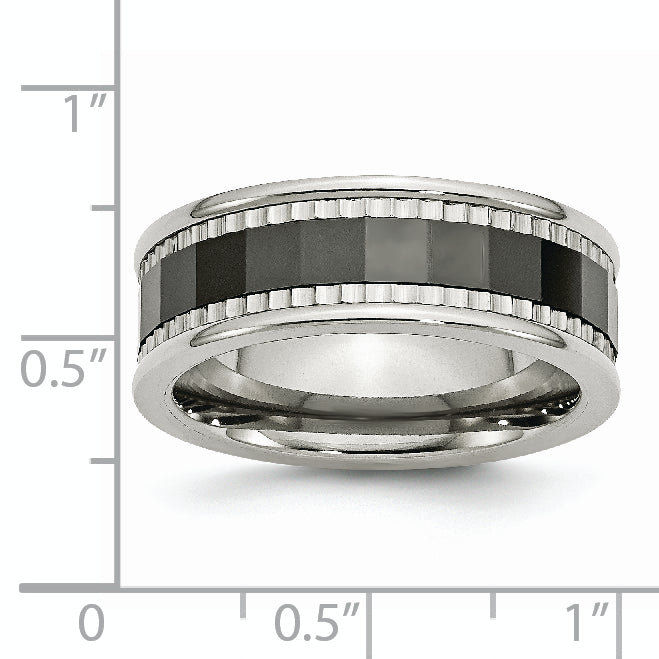 Stainless Steel Sawtooth Accent/Black Ceramic Center Faceted Band