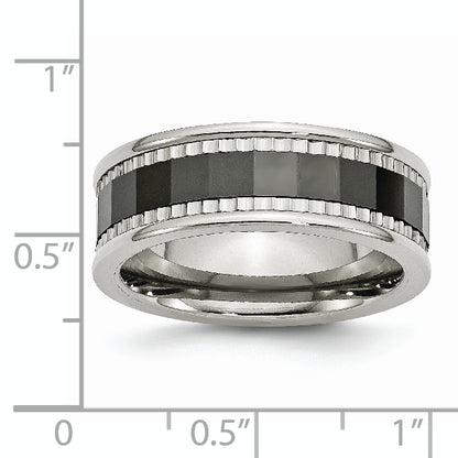 Stainless Steel Sawtooth Accent/Black Ceramic Center Faceted Band