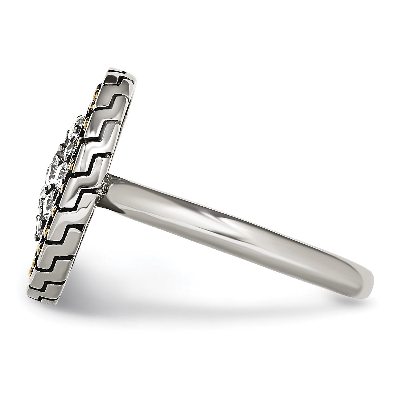 Stainless Steel Cz With Yellow Ip Plated Accent Antiqued Ring
