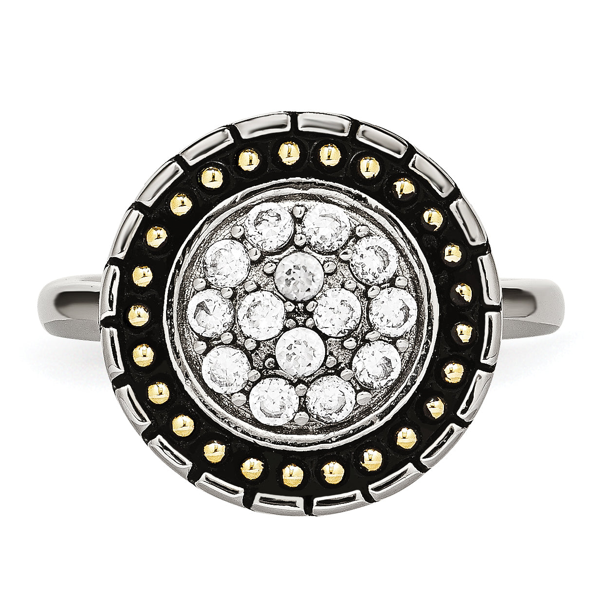 Stainless Steel Cz With Yellow Ip Plated Accent Antiqued Ring