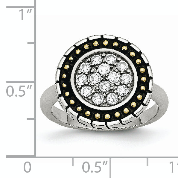 Stainless Steel Cz With Yellow Ip Plated Accent Antiqued Ring