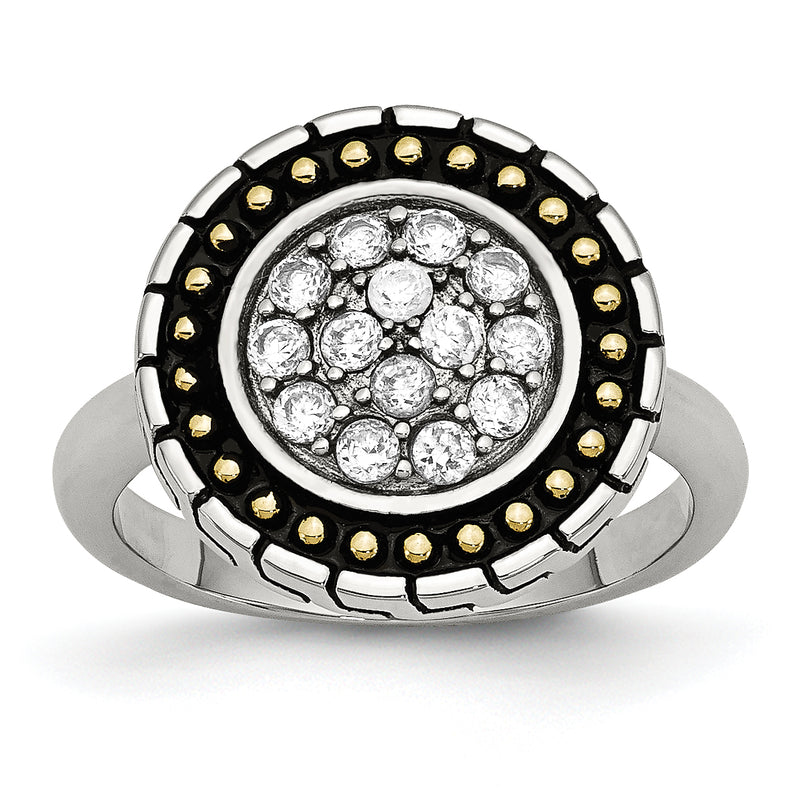 Stainless Steel Cz With Yellow Ip Plated Accent Antiqued Ring