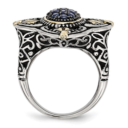 Stainless Steel Blue Glass With Yellow Ip Plated Accent Antiqued Ring (Size 9 Only)