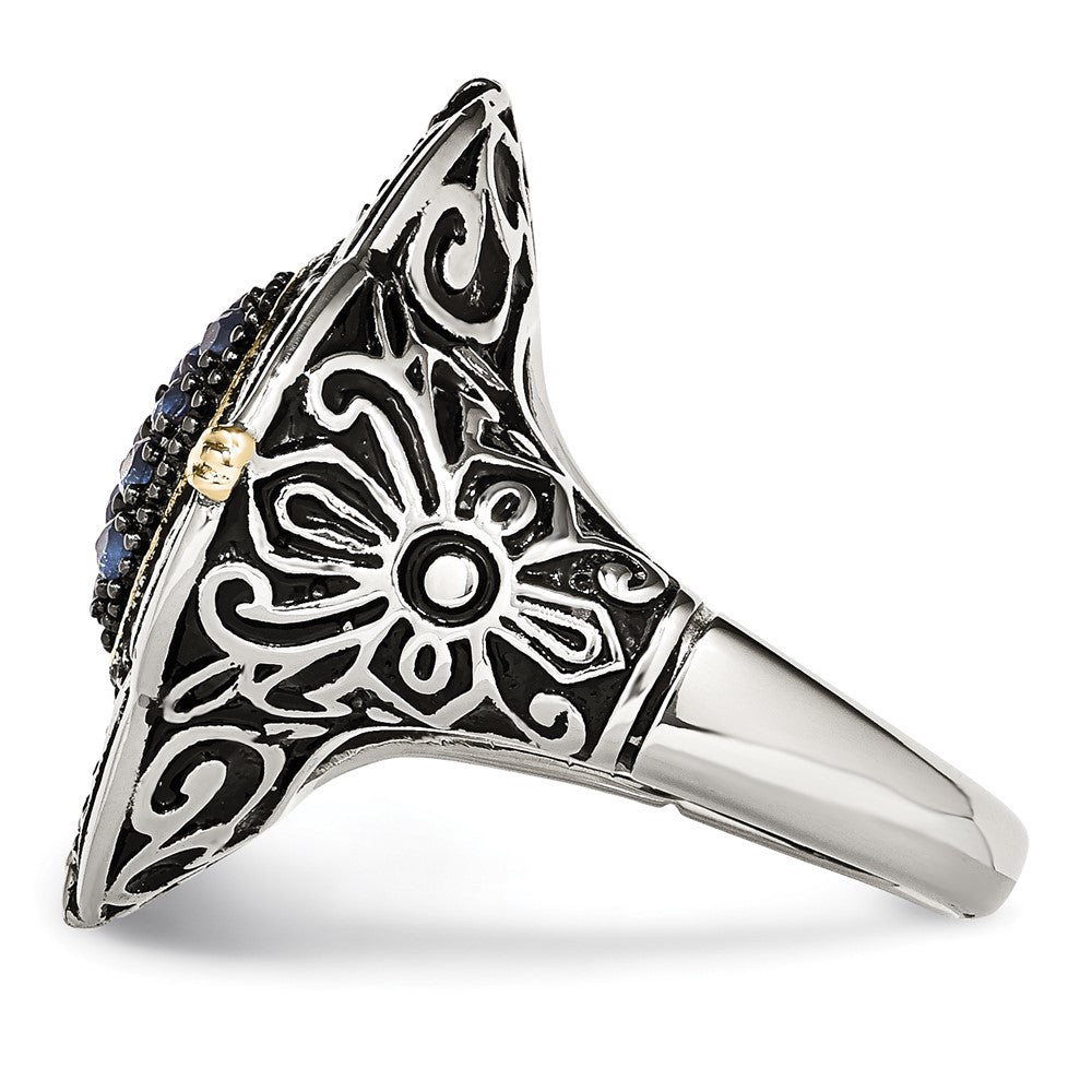Stainless Steel Blue Glass With Yellow Ip Plated Accent Antiqued Ring (Size 9 Only)