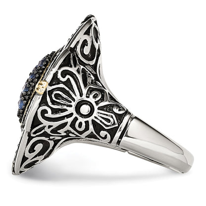 Stainless Steel Blue Glass With Yellow Ip Plated Accent Antiqued Ring (Size 9 Only)
