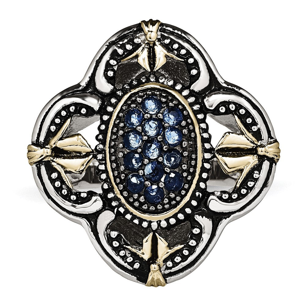 Stainless Steel Blue Glass With Yellow Ip Plated Accent Antiqued Ring (Size 9 Only)