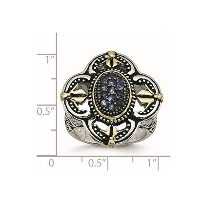 Stainless Steel Blue Glass With Yellow Ip Plated Accent Antiqued Ring (Size 9 Only)
