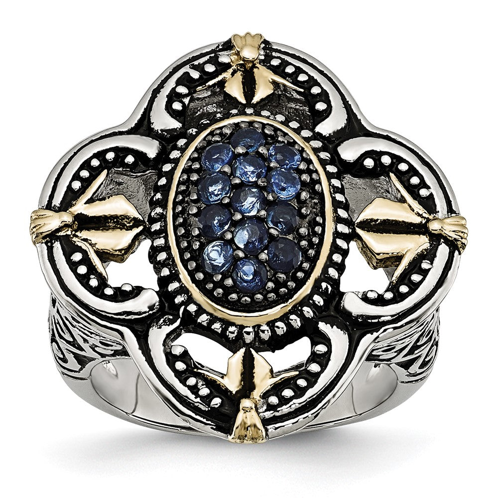 Stainless Steel Blue Glass With Yellow Ip Plated Accent Antiqued Ring (Size 9 Only)