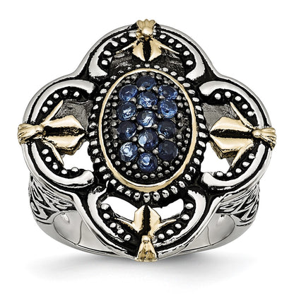Stainless Steel Blue Glass With Yellow Ip Plated Accent Antiqued Ring (Size 9 Only)