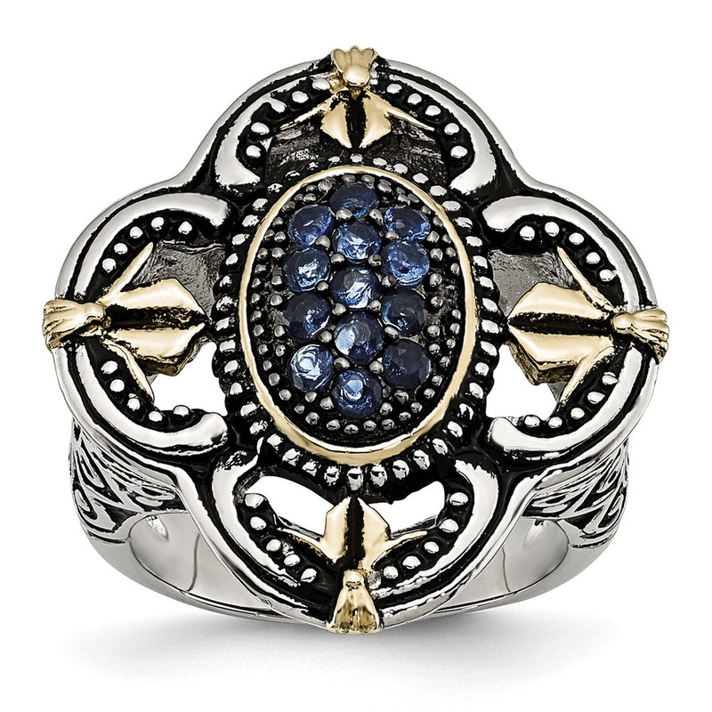 Stainless Steel Blue Glass With Yellow Ip Plated Accent Antiqued Ring (Size 9 Only)