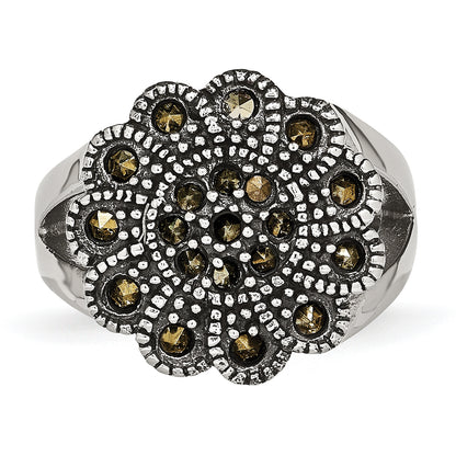 Stainless Steel Textured Flower Marcasite Ring