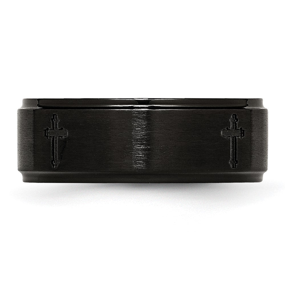 Stainless Steel Brushed/Polished Black Ip Plated Cross 8mm Band (Size 7.5 Only)