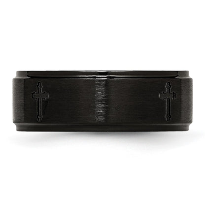 Stainless Steel Brushed/Polished Black Ip Plated Cross 8mm Band (Size 7.5 Only)