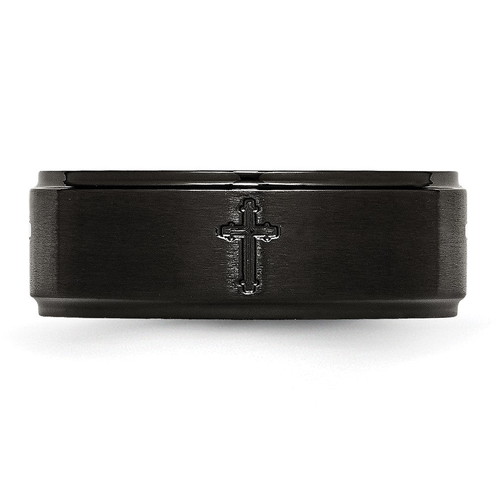 Stainless Steel Brushed/Polished Black Ip Plated Cross 8mm Band (Size 7.5 Only)