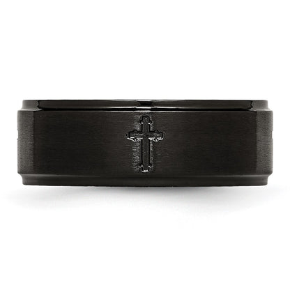 Stainless Steel Brushed/Polished Black Ip Plated Cross 8mm Band (Size 7.5 Only)