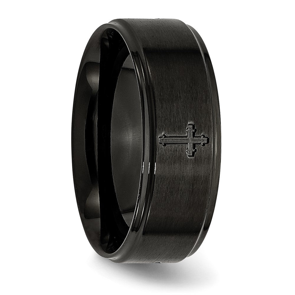Stainless Steel Brushed/Polished Black Ip Plated Cross 8mm Band (Size 7.5 Only)