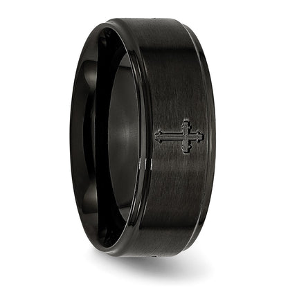 Stainless Steel Brushed/Polished Black Ip Plated Cross 8mm Band (Size 7.5 Only)