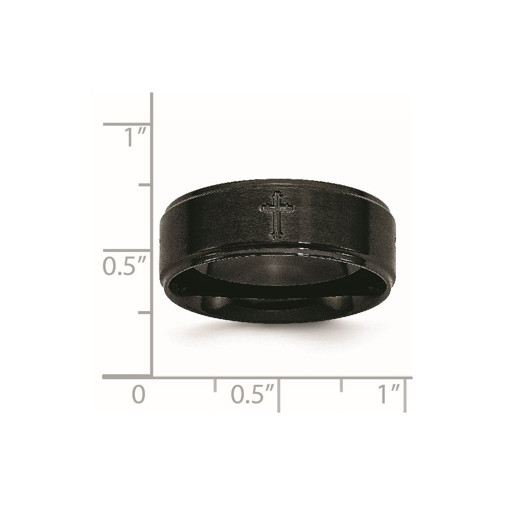 Stainless Steel Brushed/Polished Black Ip Plated Cross 8mm Band (Size 7.5 Only)