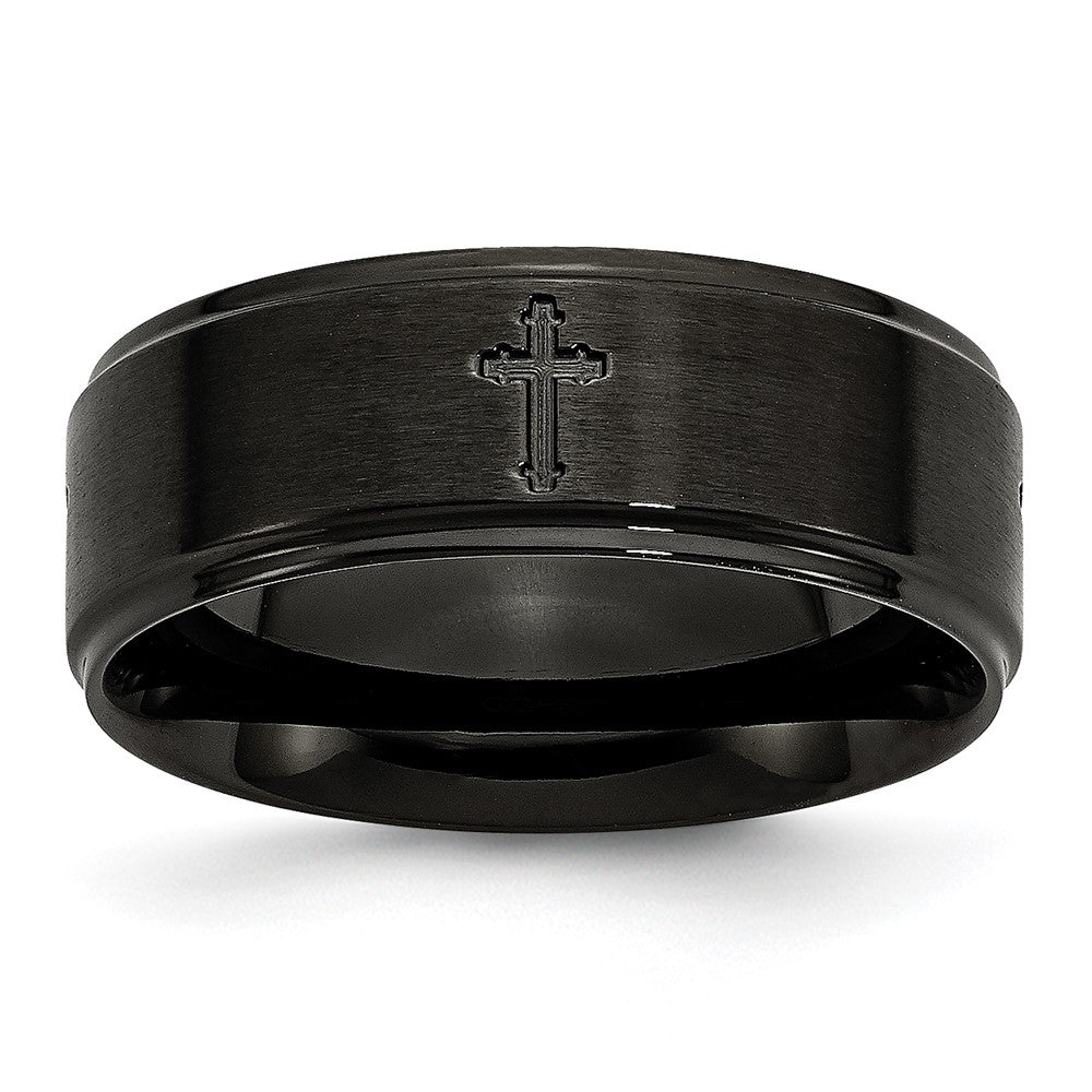 Stainless Steel Brushed/Polished Black Ip Plated Cross 8mm Band (Size 7.5 Only)