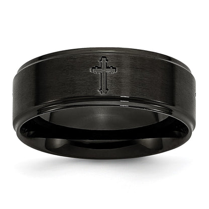 Stainless Steel Brushed/Polished Black Ip Plated Cross 8mm Band (Size 7.5 Only)