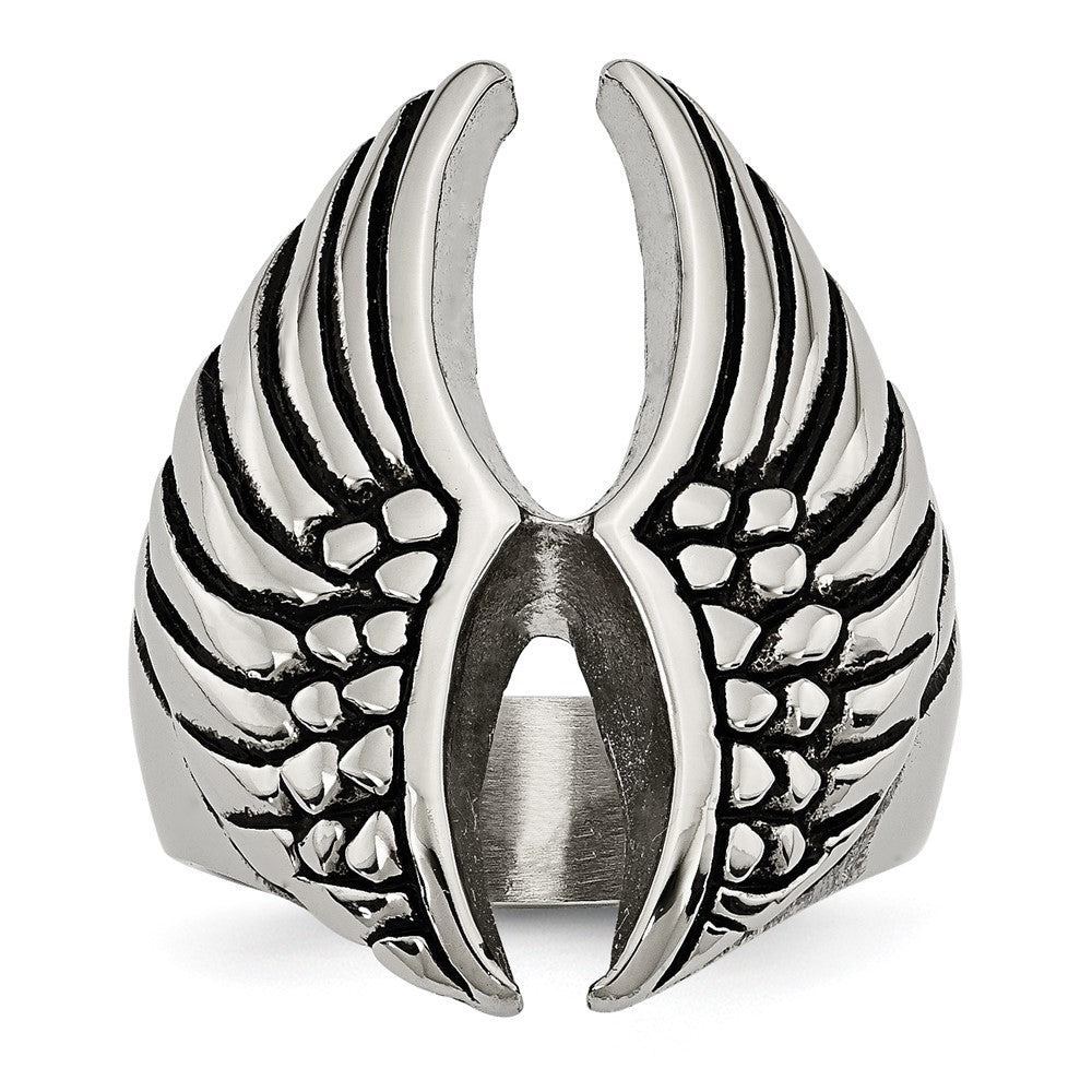 Stainless Steel Polished And Antiqued Wings Ring