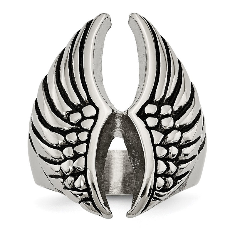 Stainless Steel Polished And Antiqued Wings Ring