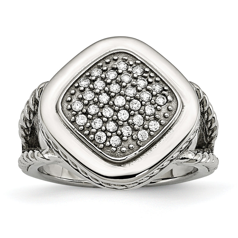 Stainless Steel Polished Cz Square Ring (Size 6 Only)
