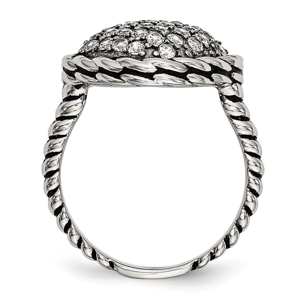 Stainless Steel Polished And Antiqued Cz Square Ring