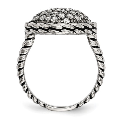 Stainless Steel Polished And Antiqued Cz Square Ring